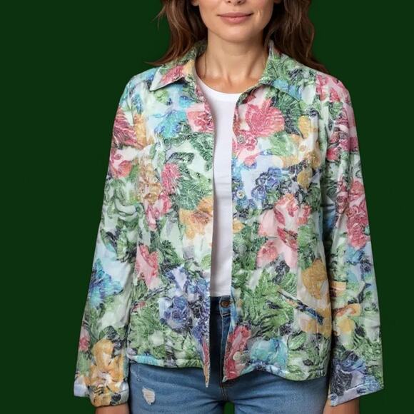 CHICO'S Floral Jacquard Button Front Jacket Viscose Blend Chico's 2 - L (12) - Picture 1 of 6